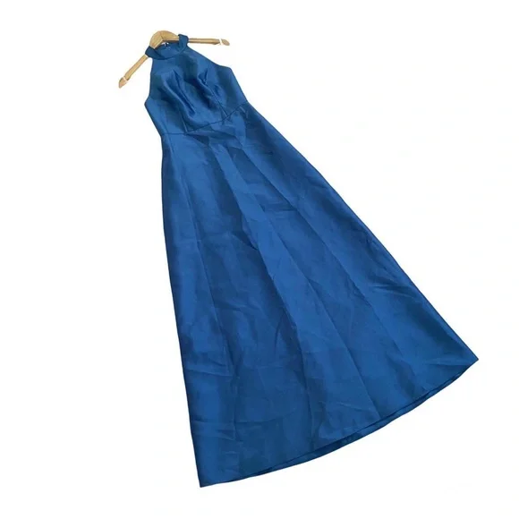 NWT Alfred Sung Dusk Blue Bridesmaid Sateen Full Length High Neck Twill Dress 4 - Picture 2 of 12